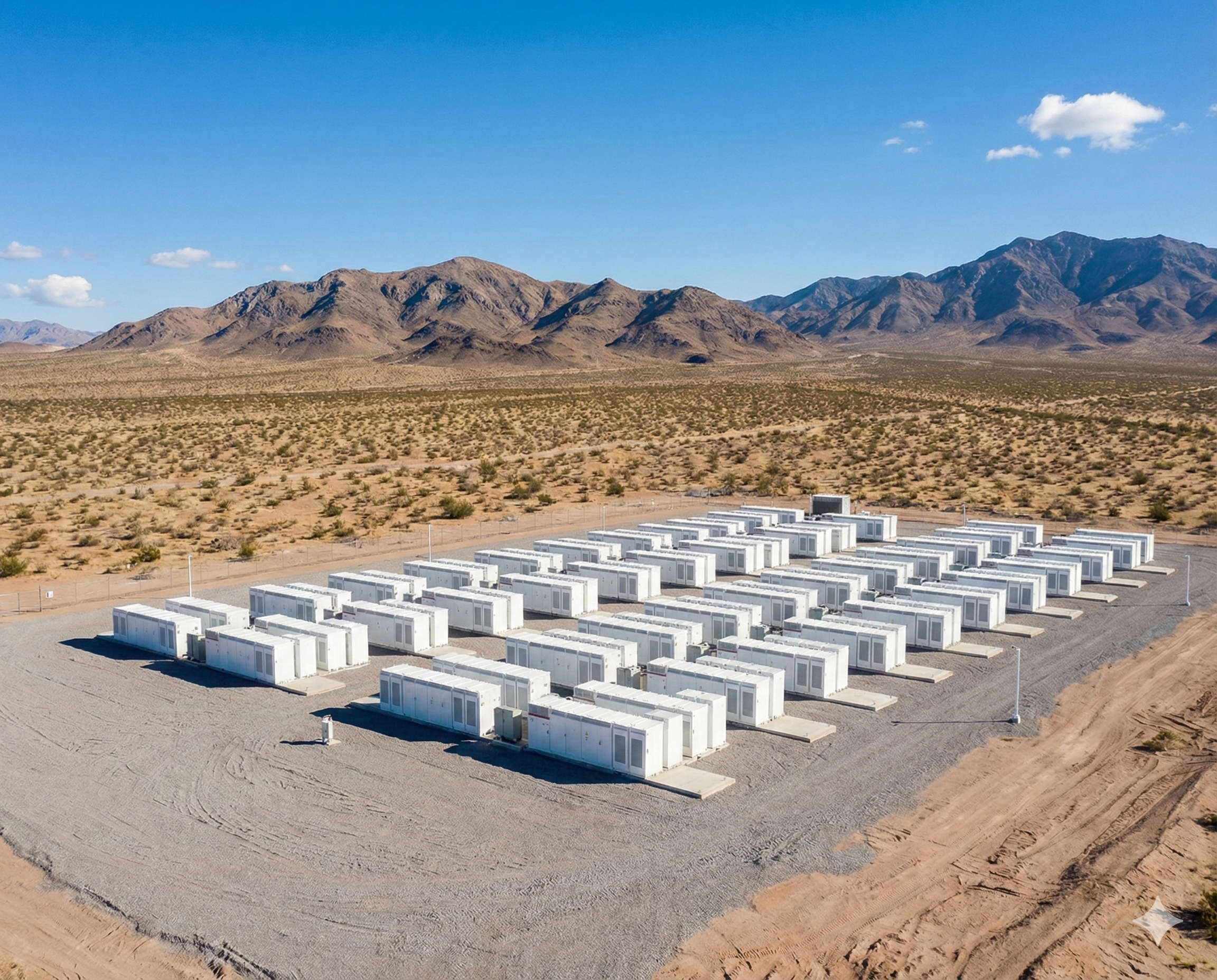 Grid-scale battery energy storage site, rows of containerised units under mountains