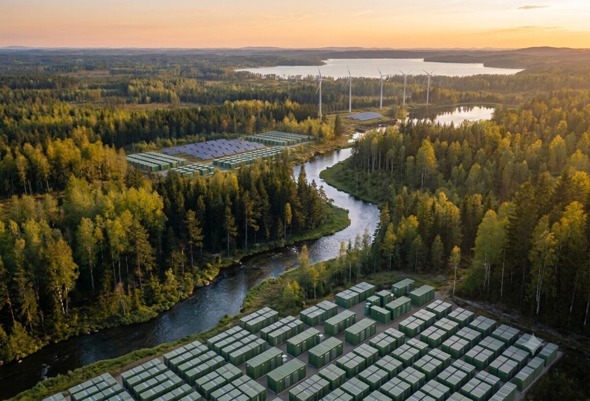 Aerial view of a grid-scale battery storage site with solar panels and wind turbines in a forested landscape at sunset